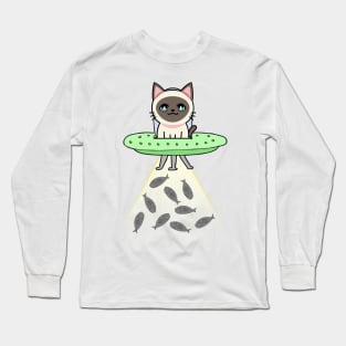 Funny siamese Cat is flying a spaceship Long Sleeve T-Shirt